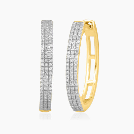 Three Rows of Diamonds Hoop Earrings